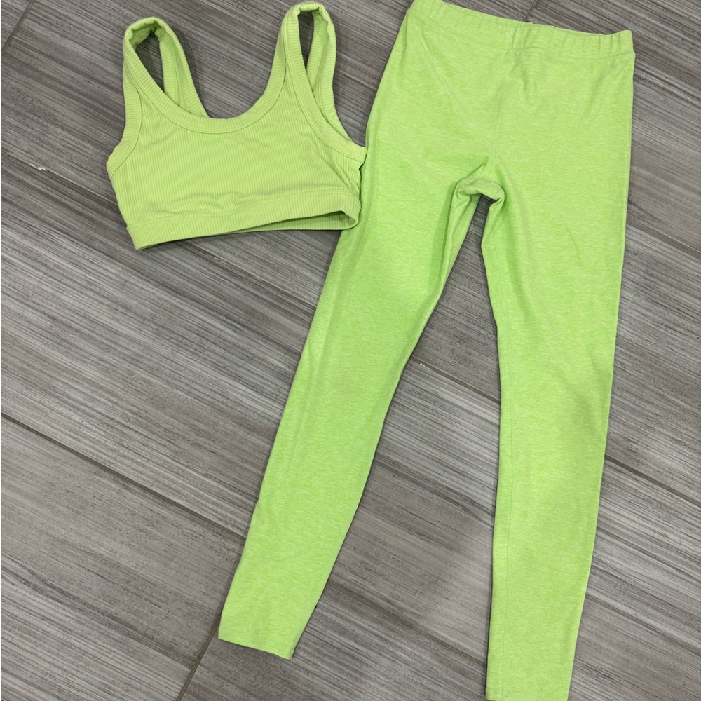 ALO Lime Green Ribbed Sports Bra and Leggings Set
